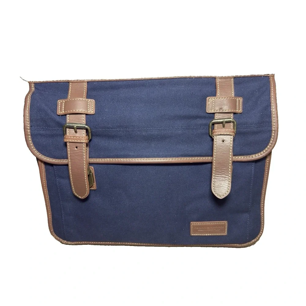 Tommy Hilfiger Navy Canvas‎ Double Flap Over Messenger Bag Leather Business Case